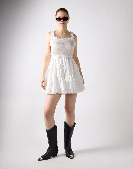 Off-White Shirred-Ruffle Mini-Dress