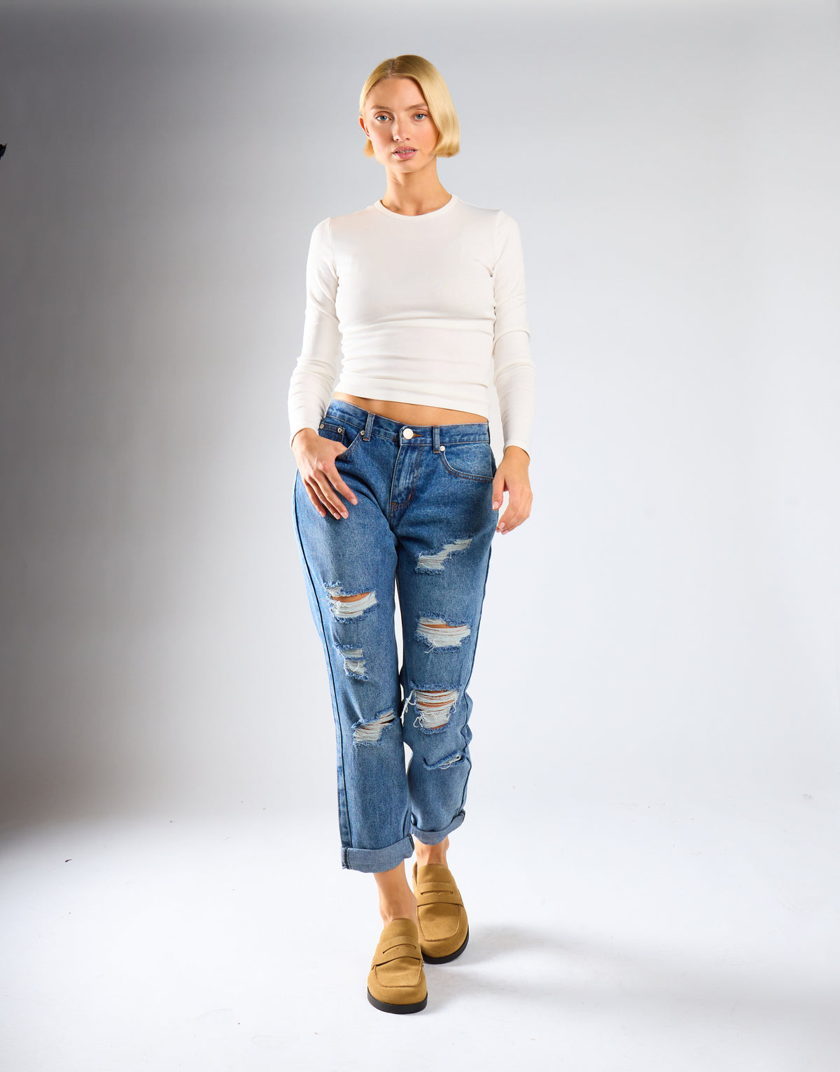 Mid Stone Distressed Low-Rise-Jeans