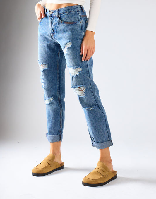 Mid Stone Distressed Low-Rise-Jeans