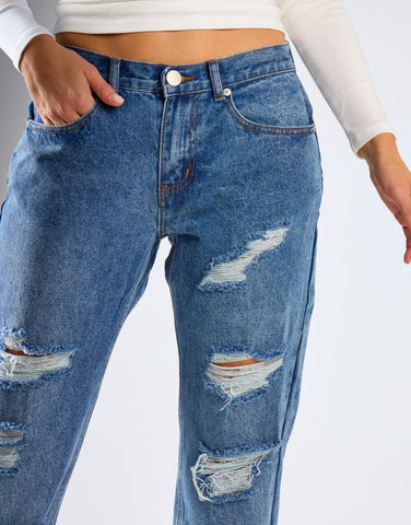Mid Stone Distressed Low-Rise-Jeans