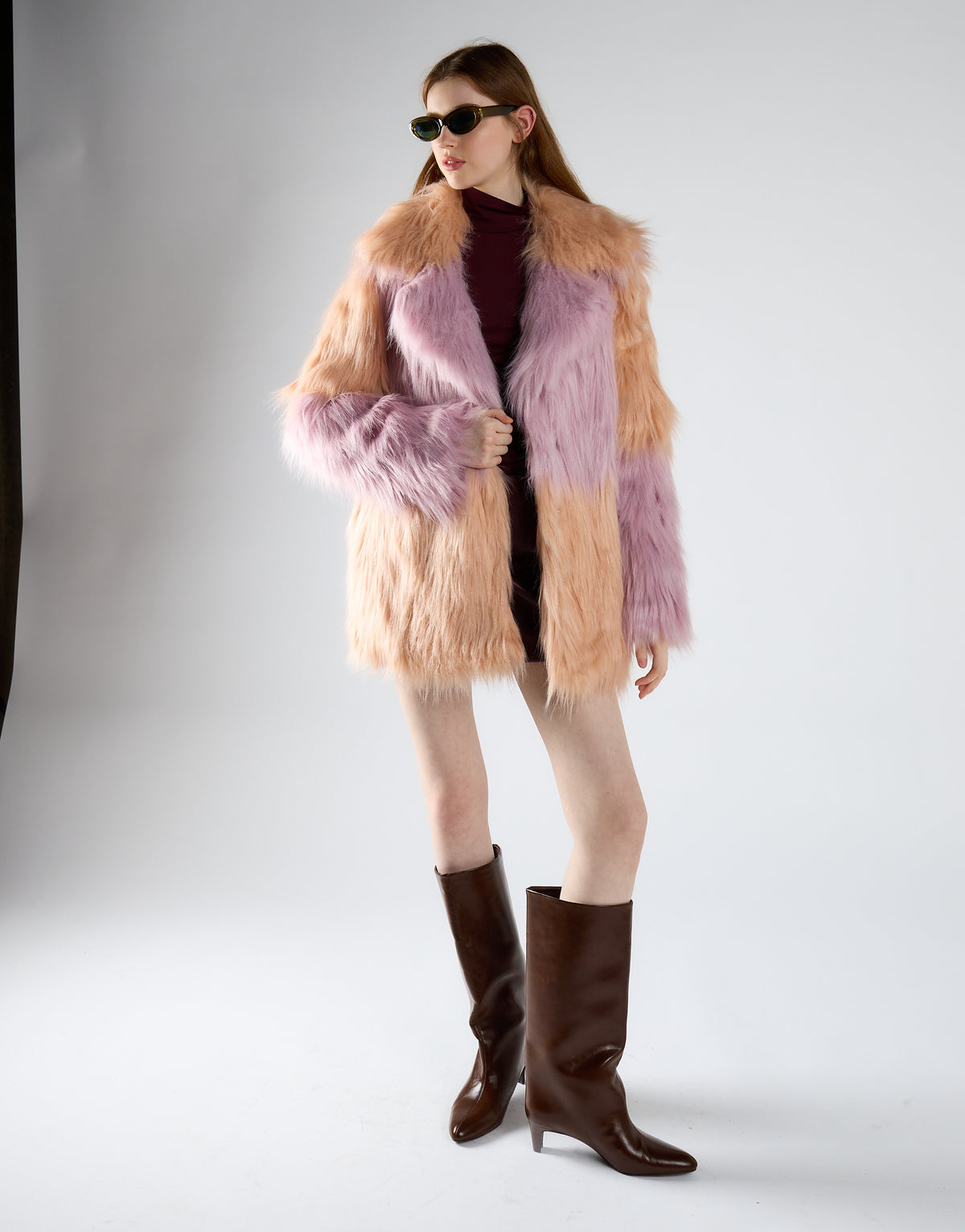 Collared Faux Fur Coat - Pastel Ombre