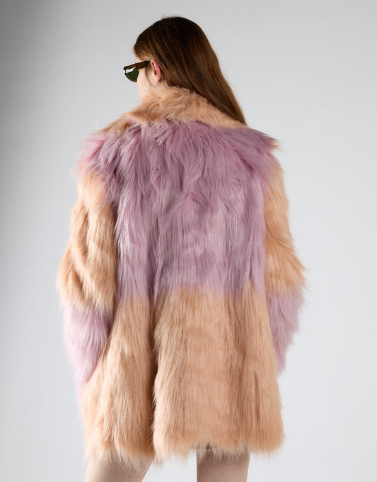 Collared Faux Fur Coat - Pastel Ombre