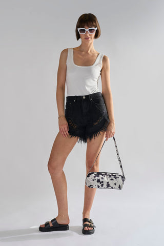 Black High-Waisted Distressed Denim-Shorts