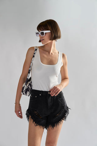 Black High-Waisted Distressed Denim-Shorts