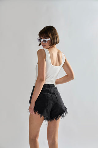 Black High-Waisted Distressed Denim-Shorts