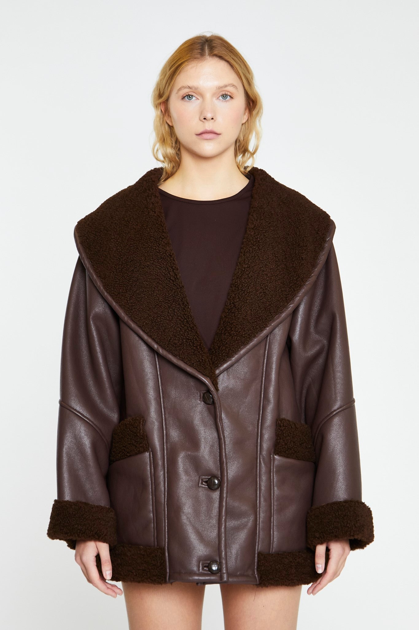 Rich-Brown Oversized Faux-Shearling -Coat