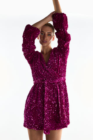 Cerise Velvet-Sequin Tie-Waist Wrap Mini-Dress