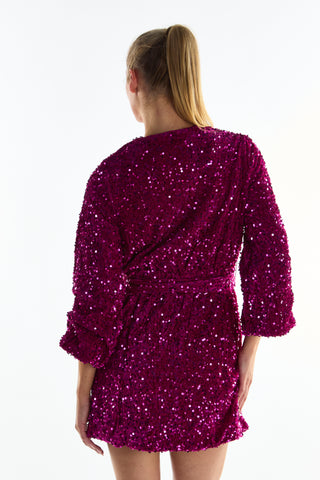 Cerise Velvet-Sequin Tie-Waist Wrap Mini-Dress