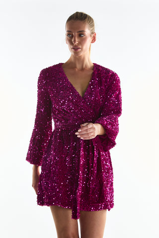 Cerise Velvet-Sequin Tie-Waist Wrap Mini-Dress