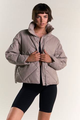 Grey Collared Long-Sleeve Puffer-Jacket
