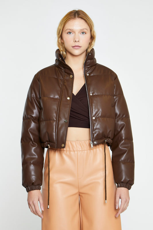 Brown PU Puffer Crop-Jacket
