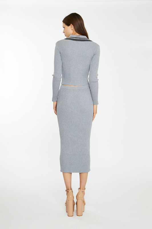 Grey-Marl Rib-Knit Midi-Skirt