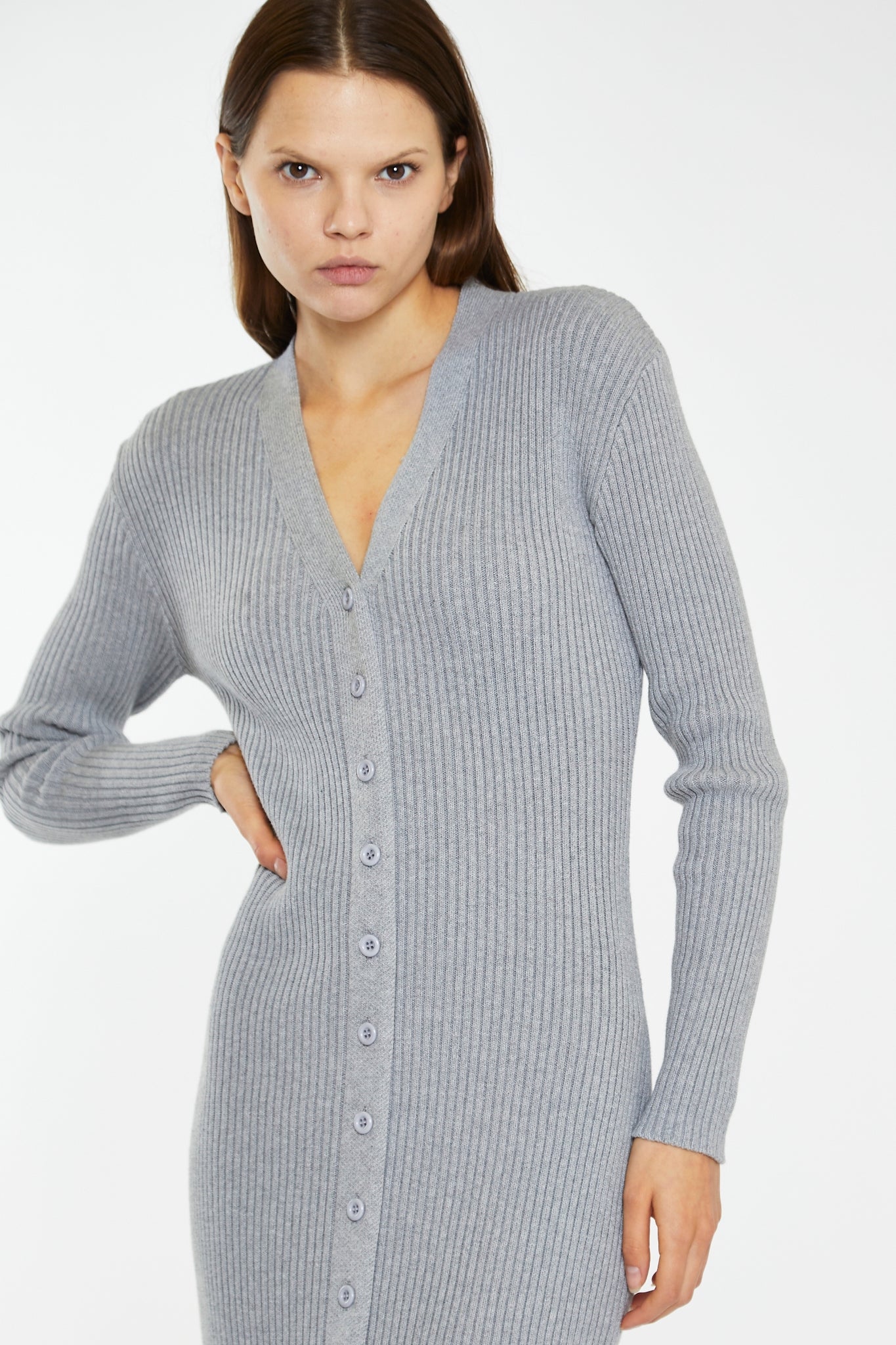 Grey-Marl Button-Down Knitted Midi-Dress