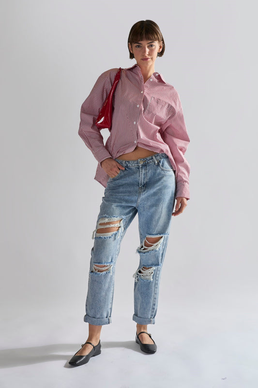 Light Vintage Wash Distressed Boyfriend Jeans.