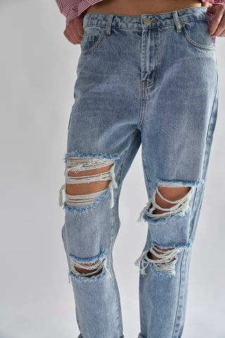 Light Vintage Wash Distressed Boyfriend Jeans.