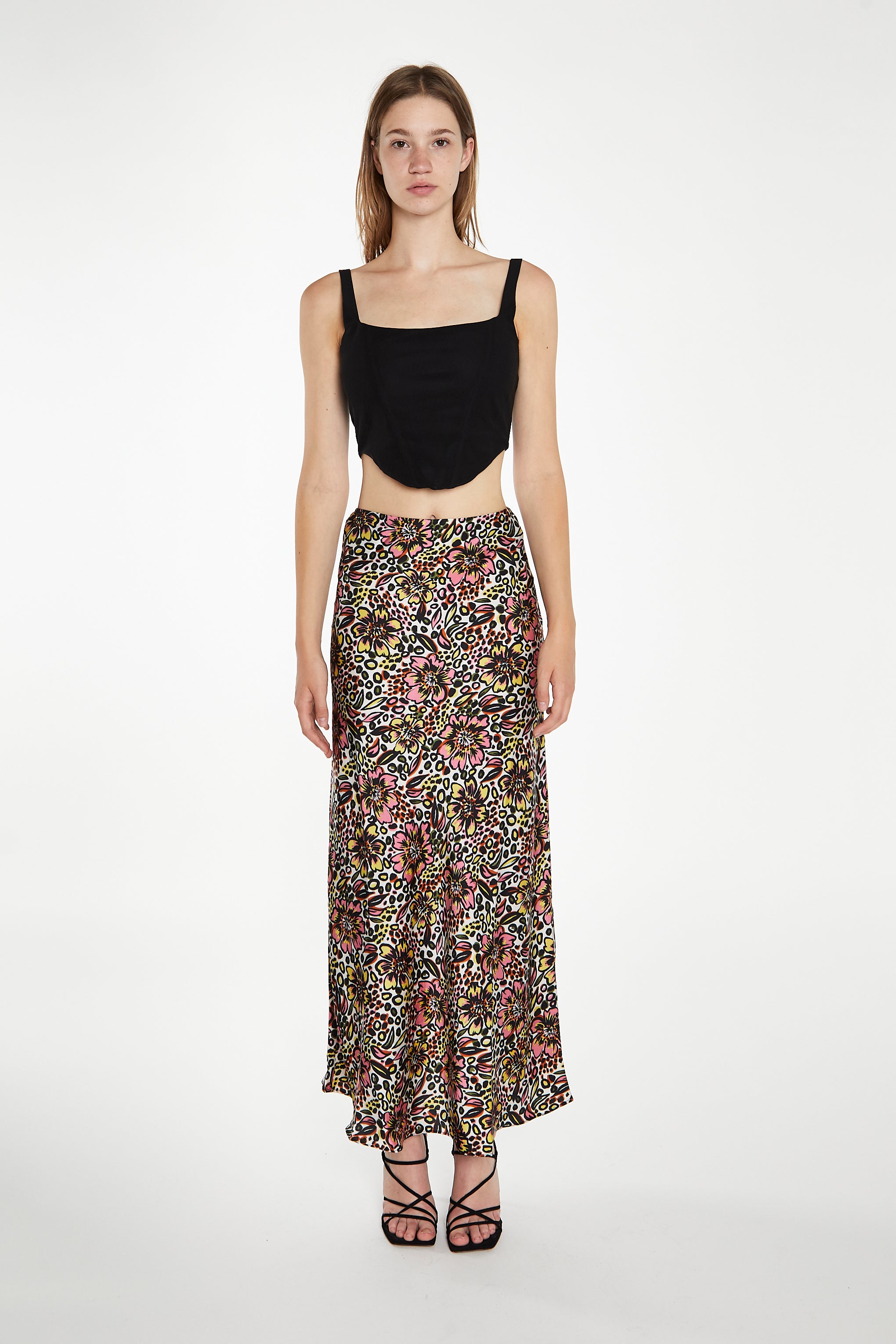 Retro Abstract Floral Bias-Cut Midaxi Skirt
