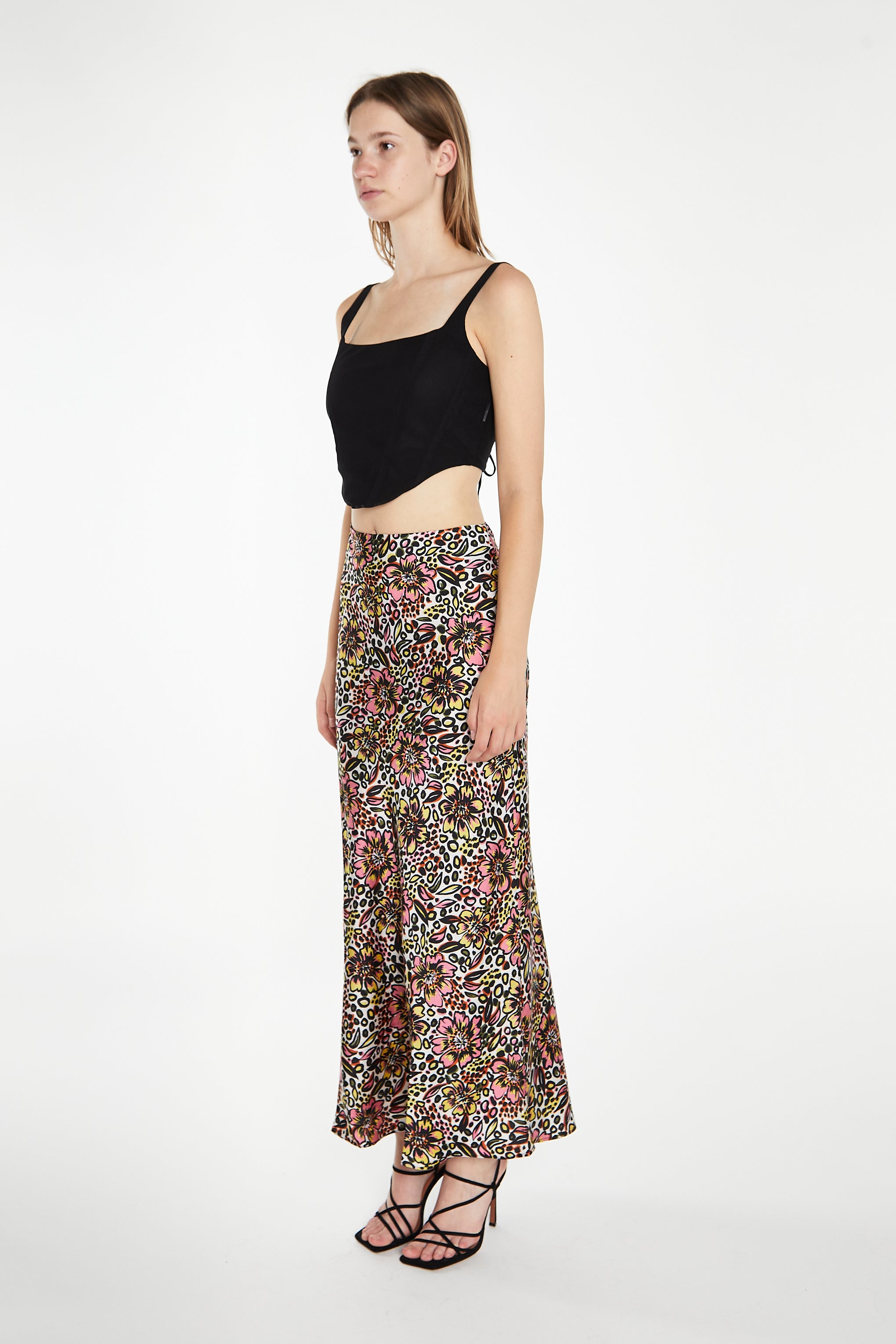 Retro Abstract Floral Bias-Cut Midaxi Skirt