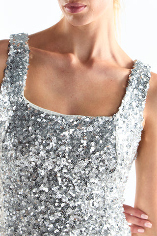 Silver Sequin Square-Neck Mini-Dress