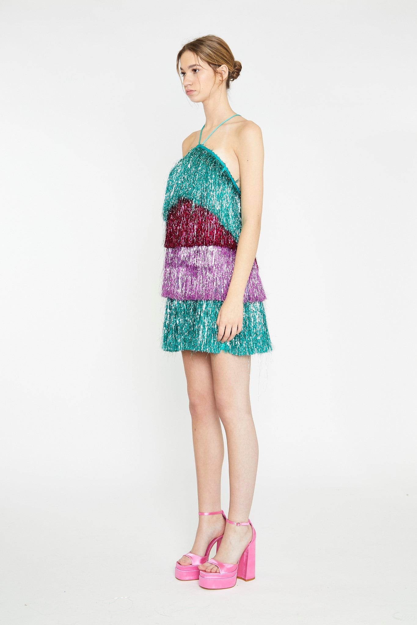 Pink Teal Purple Tinsel Fringe Halterneck Mini-Dress