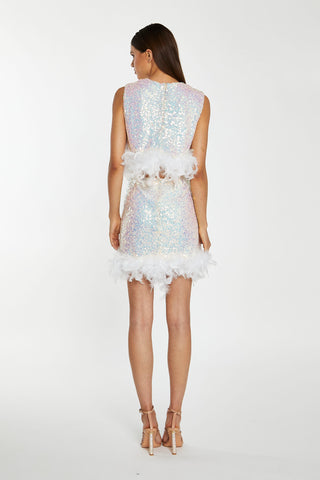 Iridescent-Sequin White Feather Trim Crop-Top