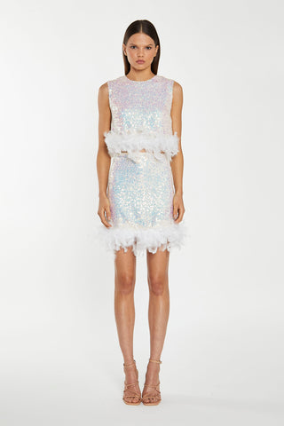Iridescent-Sequin White Feather Trim Mini-Skirt