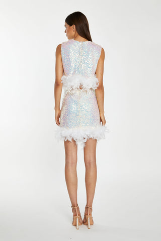 Iridescent-Sequin White Feather Trim Mini-Skirt