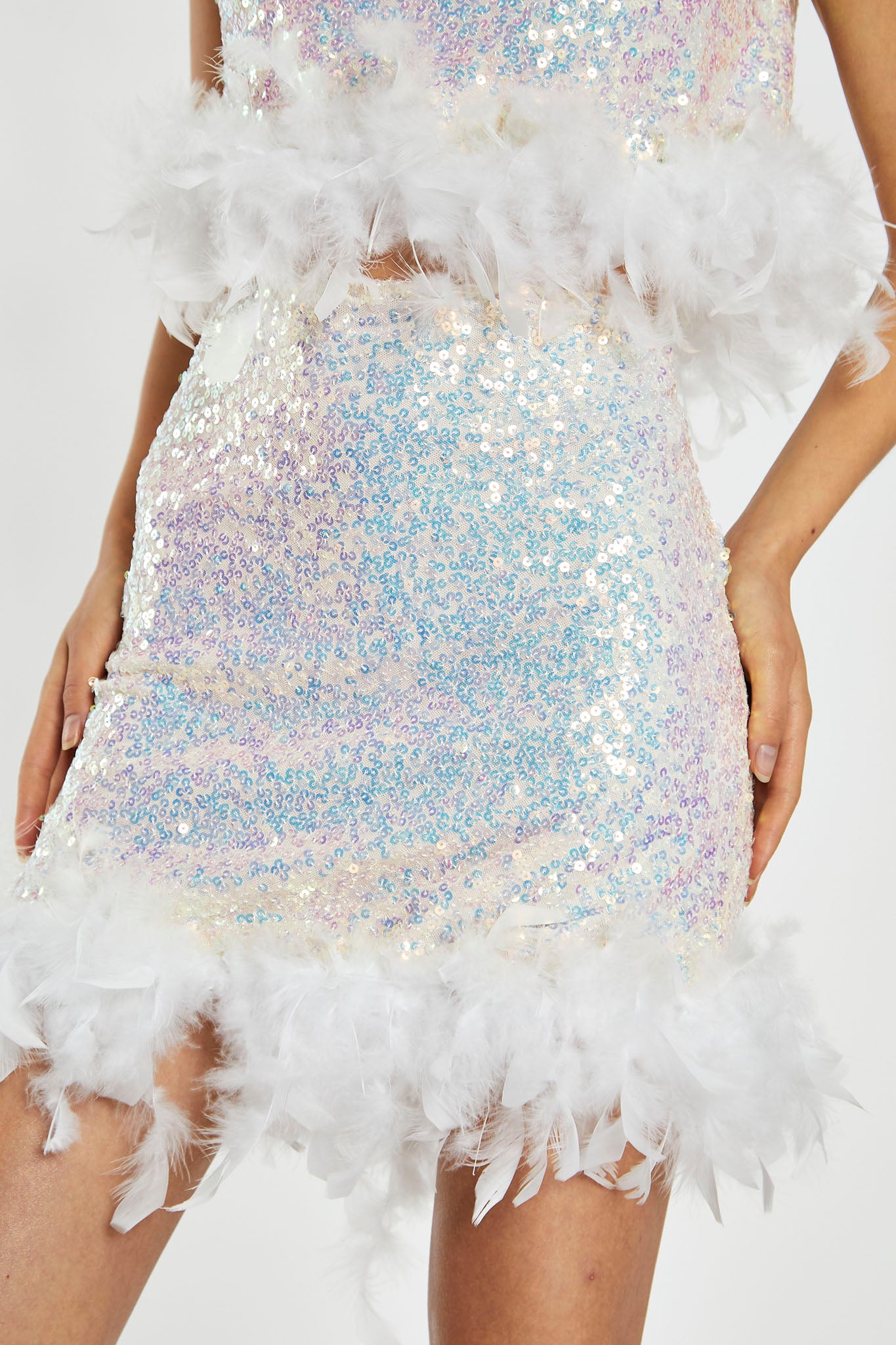 Iridescent-Sequin White Feather Trim Mini-Skirt