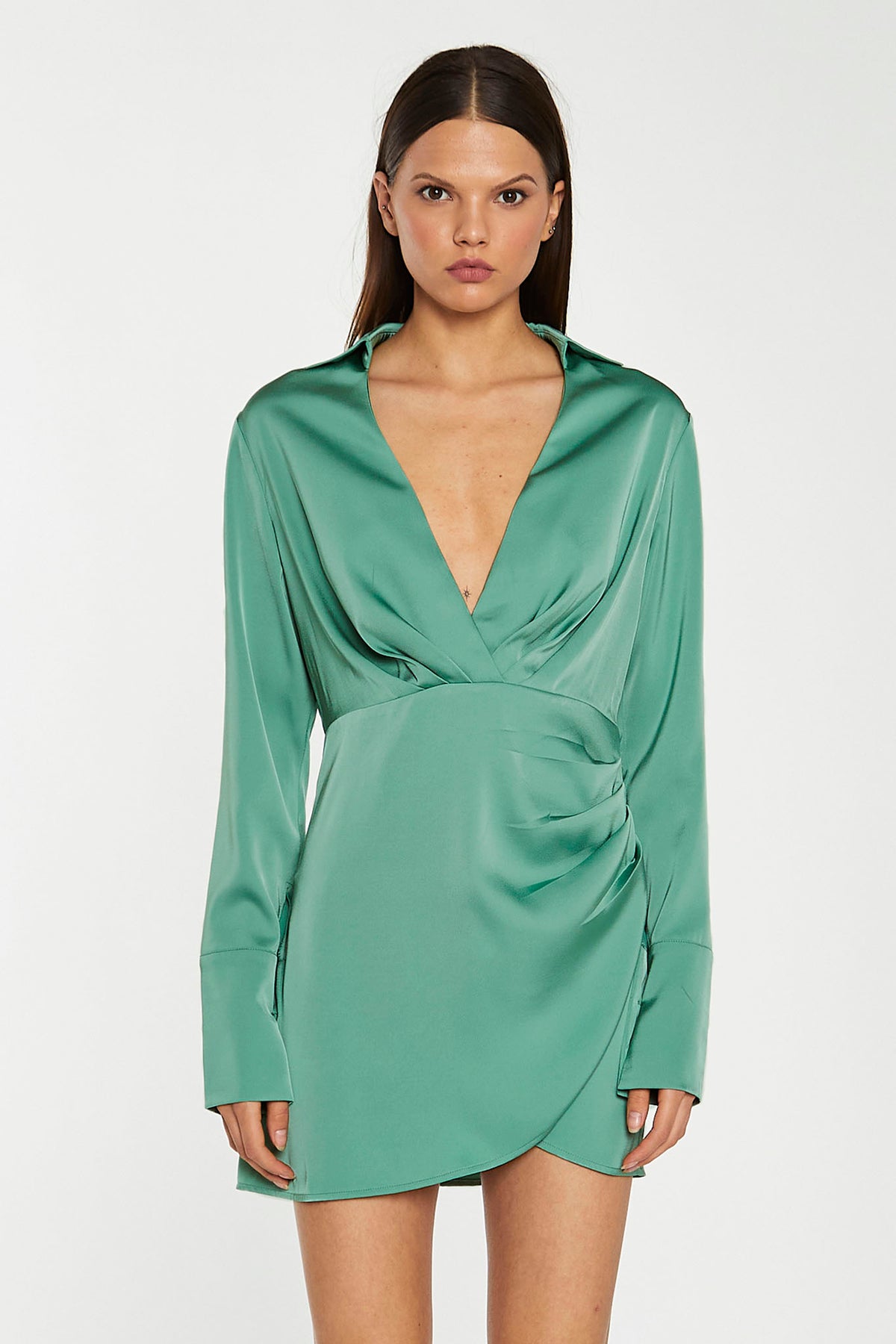 Spruce-Green Satin Collared Wrap Mini-Dress Spruce-Green Satin Collared Wrap Mini-Dress