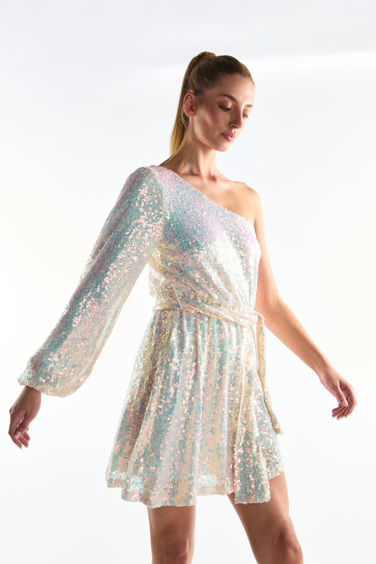 Cream Iridescent-Sequin Asymmetric Mini-Dress