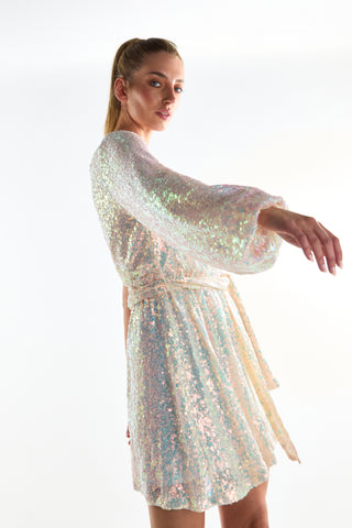 Cream Iridescent-Sequin Asymmetric Mini-Dress