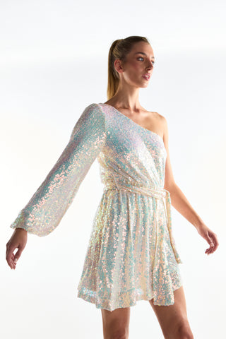 Cream Iridescent-Sequin Asymmetric Mini-Dress