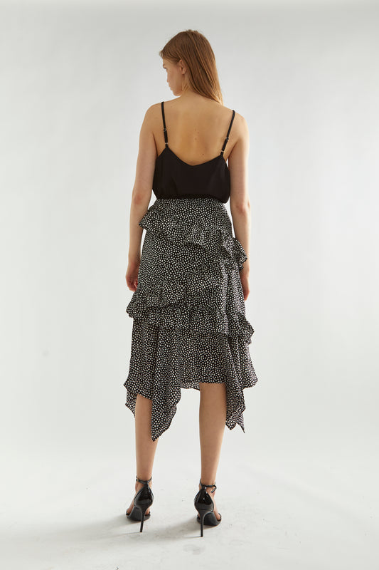Black-Animal Spot Asymmetric Ruffle Midi-Skirt