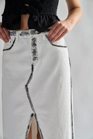 White-Black Edges Denim Straight Midi-Skirt