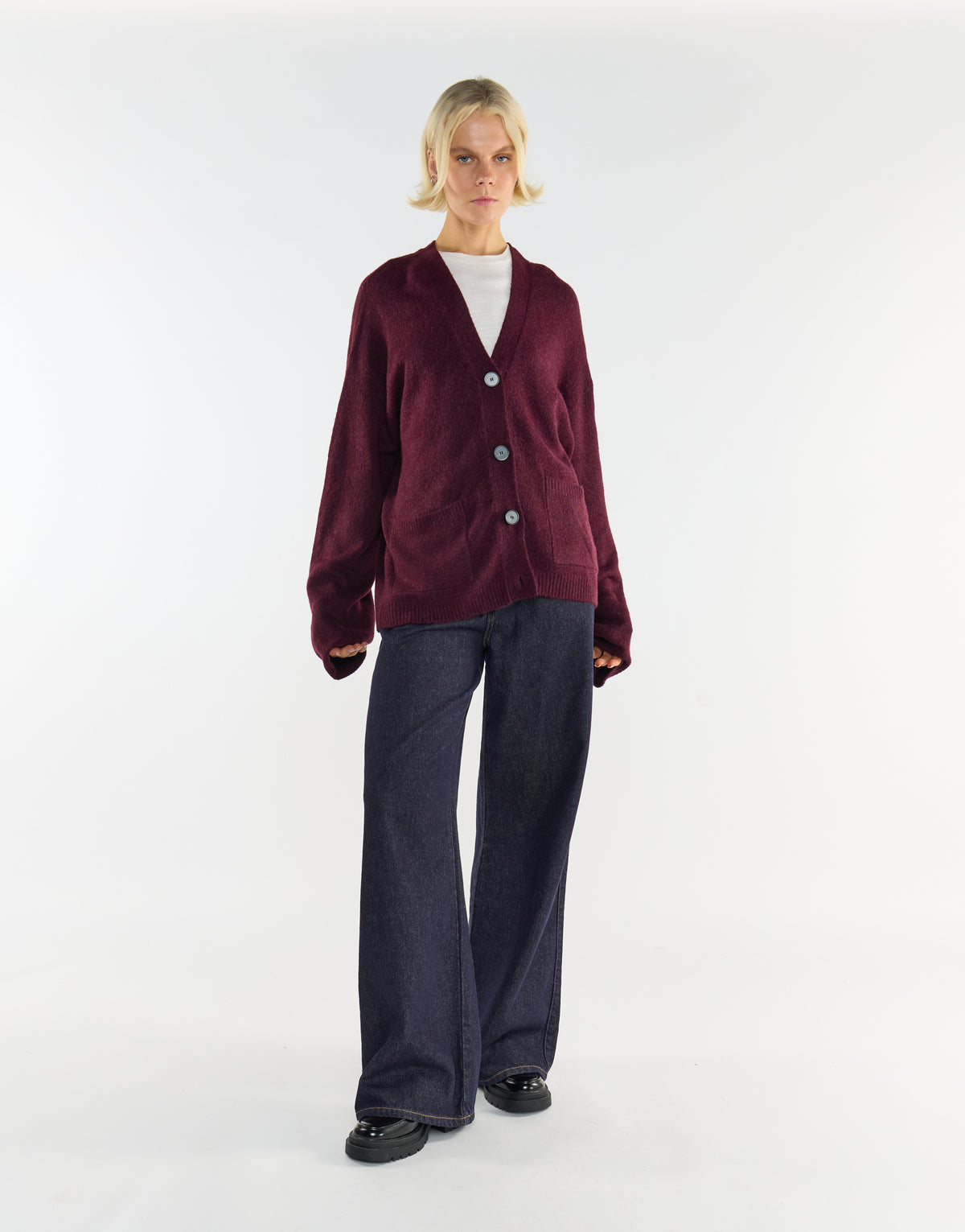 Burgundy Button-Front V-Neck Cardigan