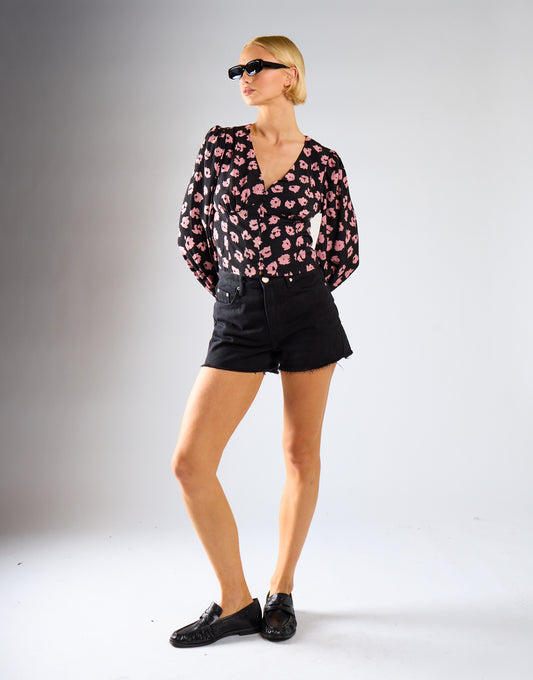 Black-Pink-Splodge Long-Sleeve-Button-Front V-Neck-Blouse