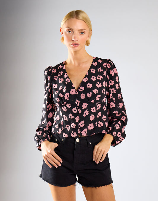 Black-Pink-Splodge Long-Sleeve-Button-Front V-Neck-Blouse