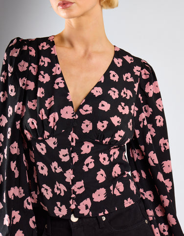 Black-Pink-Splodge Long-Sleeve-Button-Front V-Neck-Blouse