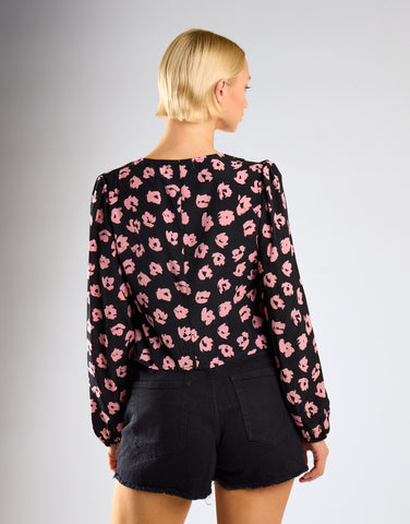 Black-Pink-Splodge Long-Sleeve-Button-Front V-Neck-Blouse