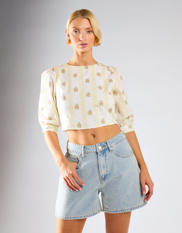 Yellow Stripe Flower Puff Sleeve Crop Top
