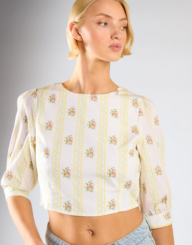 Yellow Stripe Flower Puff Sleeve Crop Top
