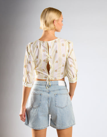 Yellow Stripe Flower Puff Sleeve Crop Top