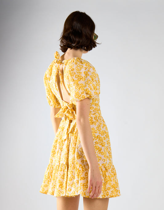 Yellow Texture Ditsy Open Back Mini Dress