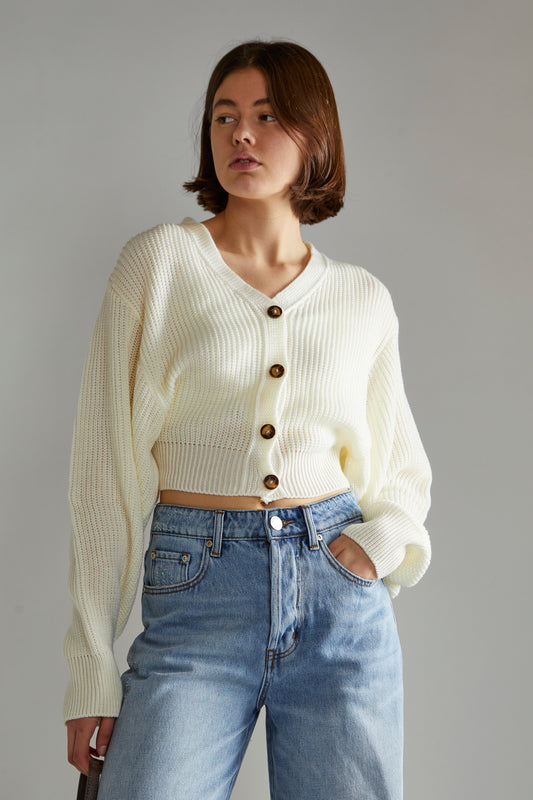 Off White Button Front Cropped Cardigan