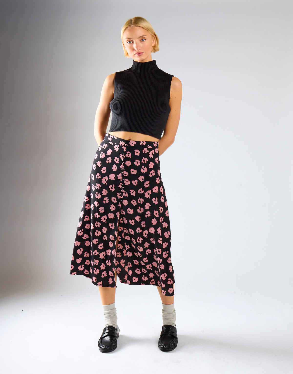 Black-Pink Splodge Button-Front Midi-Skirt