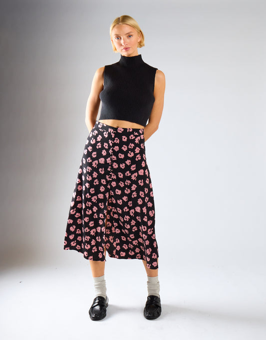 Black-Pink Splodge Button-Front Midi-Skirt