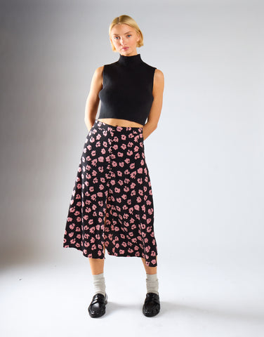 Black-Pink Splodge Button-Front Midi-Skirt
