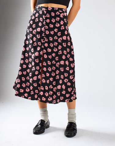 Black-Pink Splodge Button-Front Midi-Skirt