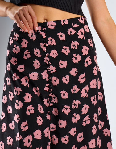 Black-Pink Splodge Button-Front Midi-Skirt