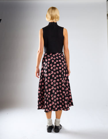 Black-Pink Splodge Button-Front Midi-Skirt