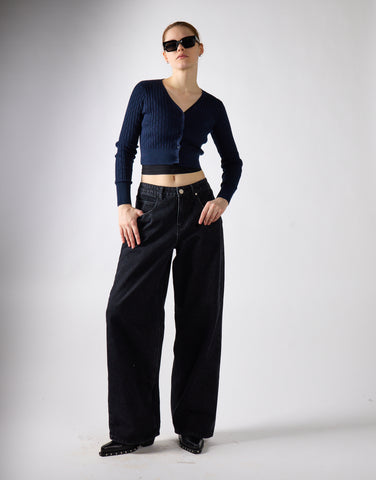 Navy Button-Front-Crop Cardigan